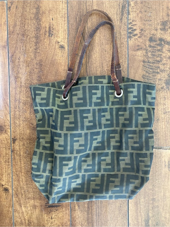 Fendi Handbags - Fendi Olive and Brown FF Logo Canvas Tote